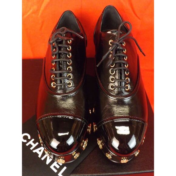 NIB CHANEL BLACK LEATHER CAMELLIA CC PLATFORM CAP TOE LACE UP OXFORDS 39 - Picture 8 of 12